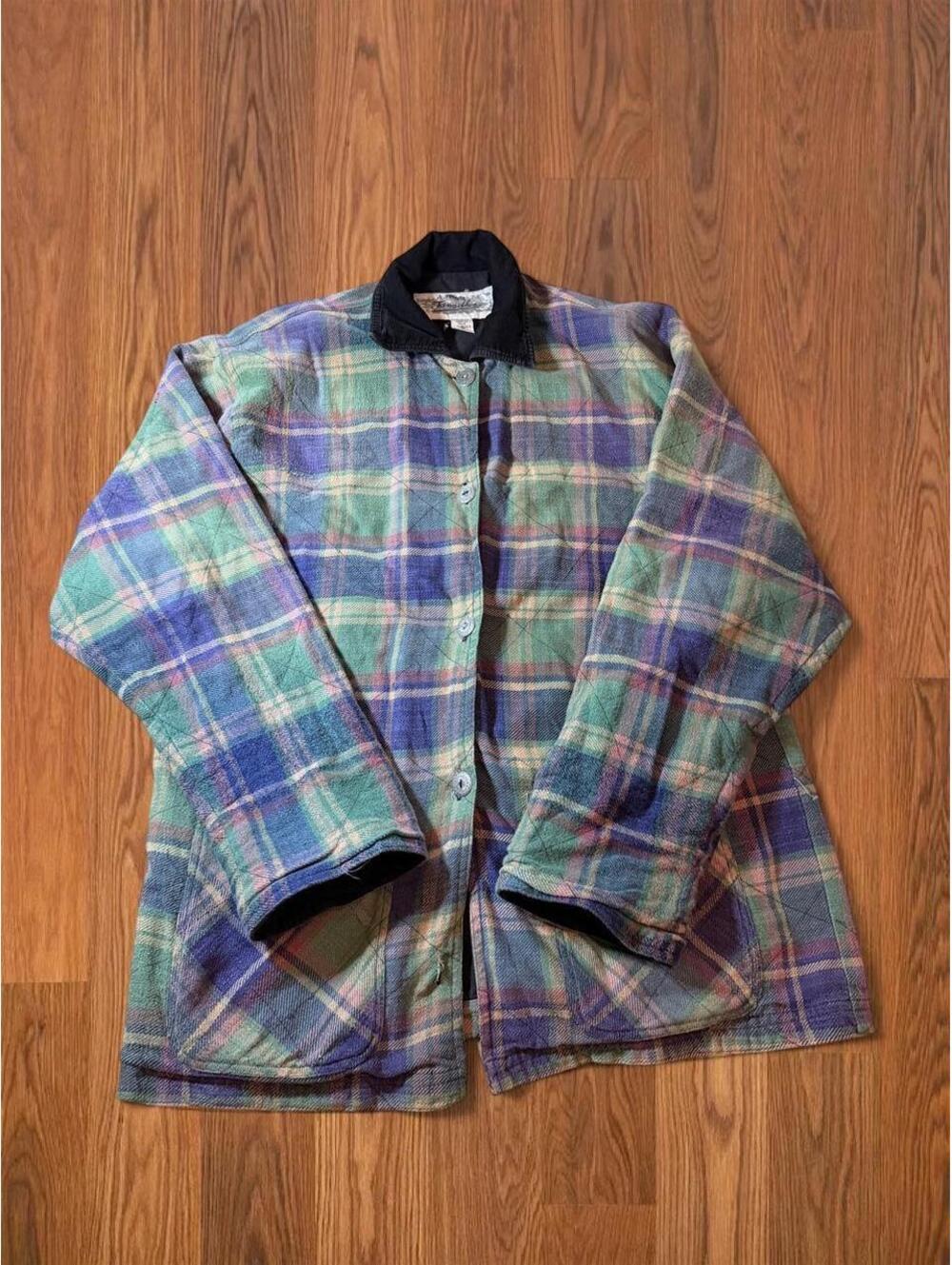 Tangibles Vintage 90s Green Blue Plaid Cotton Button Up Jacket Mens Small Retro